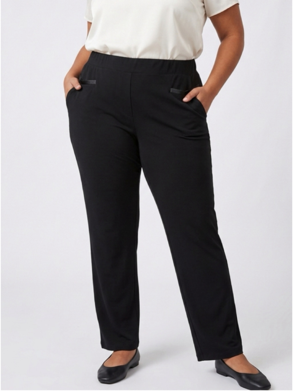 Laura Plus Black Straight Leg Pants Faux Leather Trim Pull On Trousers 3X 2153
